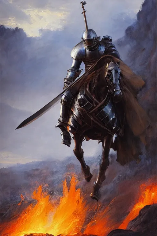 Prompt: knight in armor drawing a sword from a lava lake. by Daniel F. Gerhartz, hyperrealistic oil painting, 4k, studio lightning