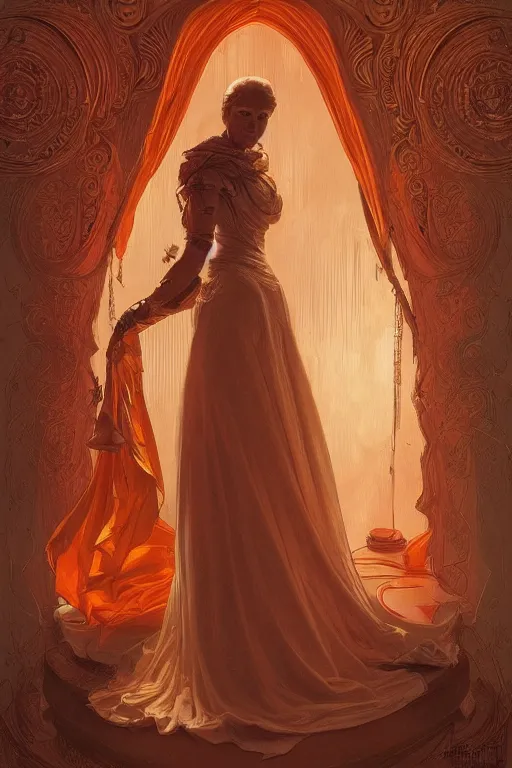 Image similar to portrait of tinfoil hat man in orange t - shirt behind his wife, feelings, romantic, fantasy, intricate, elegant, highly detailed, digital painting, artstation, concept art, smooth, sharp focus, illustration, art by artgerm and greg rutkowski and alphonse mucha