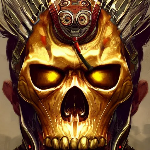 Prompt: a golden skull face monkey warrior with a ruby in his forehead, Apex Legends character digital illustration portrait design, by android jones, detailed, cone lighting, wide angle action dynamic portrait