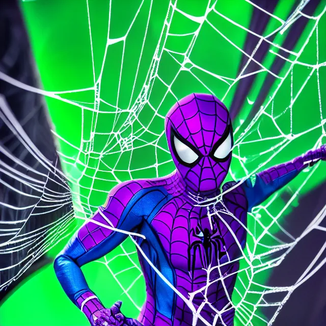 Prompt: photo of a cyber purple and green spider - man highly detailed 8 k hdr smooth sharp focus high resolution award - winning photo