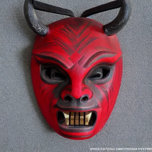 Prompt: “ wooden oni mask, red, reflective, realistic, highly detailed ”