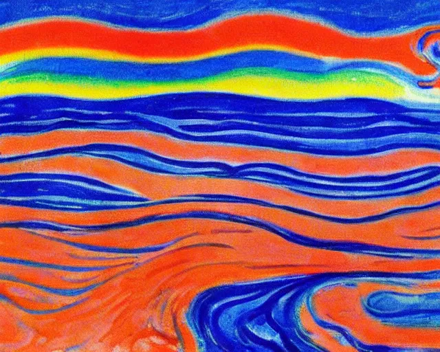 Image similar to Ocean waves in a psychedelic dream world. DMT. Curving rivers. Edvard Munch. Emil Nolde. Minimalist.