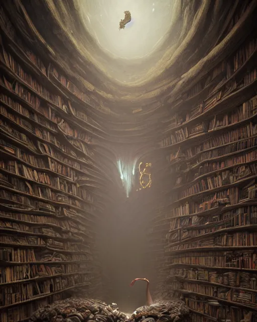 Image similar to highly detailed surreal vfx portrait of a creepy monster in a catacomb of books, stephen bliss, unreal engine, greg rutkowski, loish, rhads, beeple, makoto shinkai and lois van baarle, ilya kuvshinov, rossdraws, tom bagshaw, alphonse mucha, global illumination, detailed and intricate environment