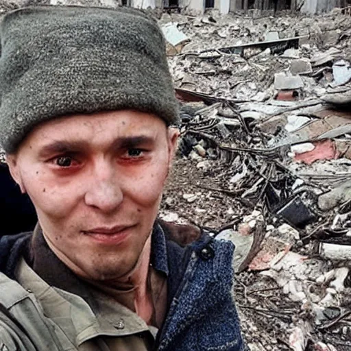 Image similar to the last selfies taken in ukraine after the nuclear war, the terrible terrible mutilations