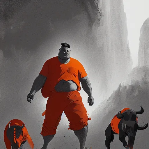 Image similar to man in orange t - shirt chased by big black bulls, concept design, contrast, kim jung gi, greg rutkowski, trending on artstation, 8 k, full body, turnaround, front view, back view, ultra wide angle