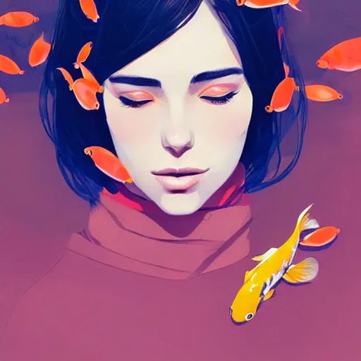 Image similar to a ultradetailed beautiful portrait panting of a stylish woman surrounded by floating koi fish, by conrad roset, greg rutkowski and makoto shinkai, trending on artstation