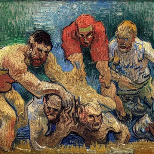 Image similar to 3 drunks fall over mud - wrestling,, oil painted ( ( ( ( ( ( by van gogh ) ) ) ) ) )