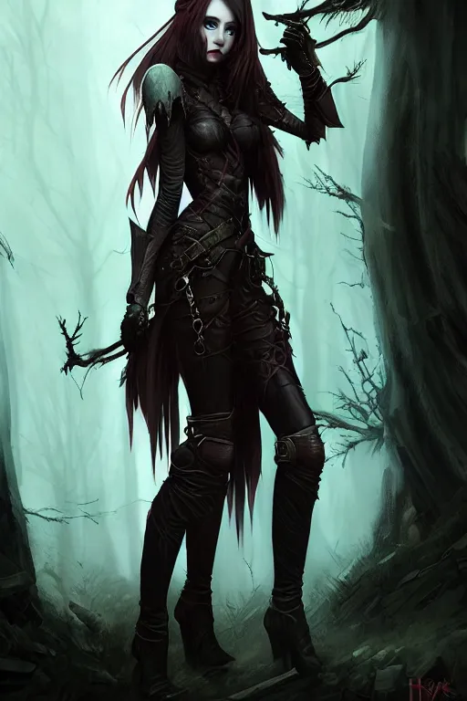 Image similar to dramatic atmospheric dark forest scenery, girl with vampire-fangs in hide leather armor, hyperdetailed, artstation, cgsociety, 8k