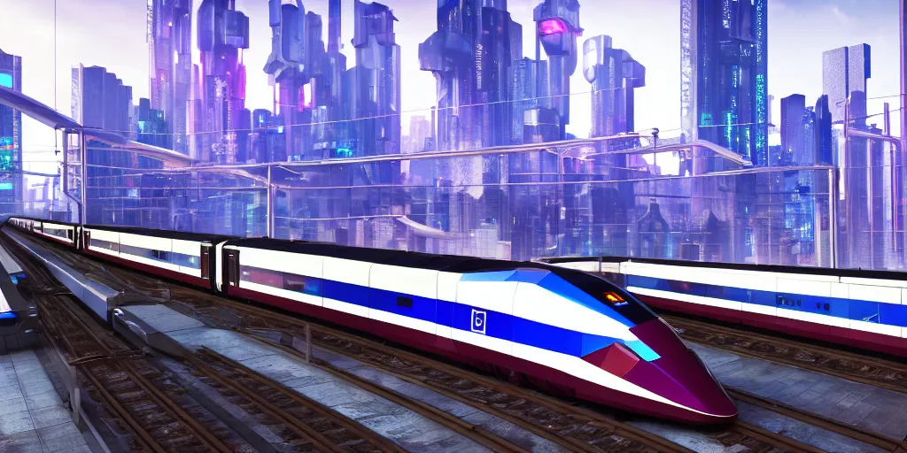 Image similar to a cyberpunk maglev train riding though futuristic station, blocky futuristic cityscape in background, gorgeous lighting and metallic reflection, eurostar, maroon and blue accents, 8k, high detail