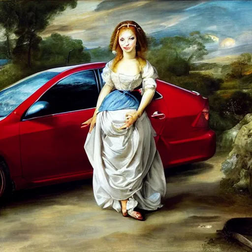 Image similar to heavenly summer sharp land sphere scallop well dressed lady standing next to a toyota corolla, auslese, by peter paul rubens and eugene delacroix and karol bak, hyperrealism, digital illustration, fauvist, standing next to a toyota corolla