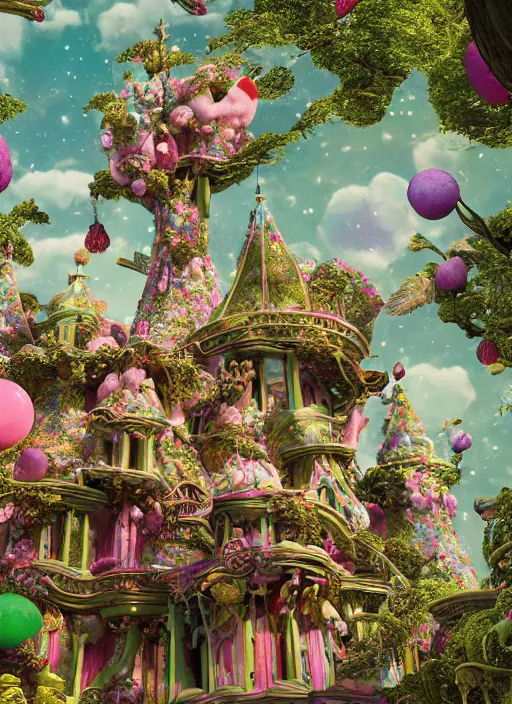 Image similar to Magical enchanted mansion on a candy biome full of oddities made by genshin impact, cotton candy trees, cinematic shot, intricate, ornate, photorealistic, ultra detailed, realistic, 100mm, photography, octane, high definition, depth of field, bokeh, 8k, artstation