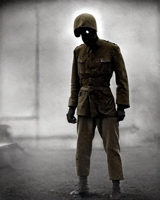 Prompt: full-body creepy realistic vintage photo central composition a decapitated soldier with futuristic elements. he welcomes you into the fog with no head, dark dimension, empty helmet inside is occult mystical symbolism headless full-length view. standing on ancient altar eldritch energies disturbing frightening eerie, hyper realism, 8k, sharpened depth of field, 3D