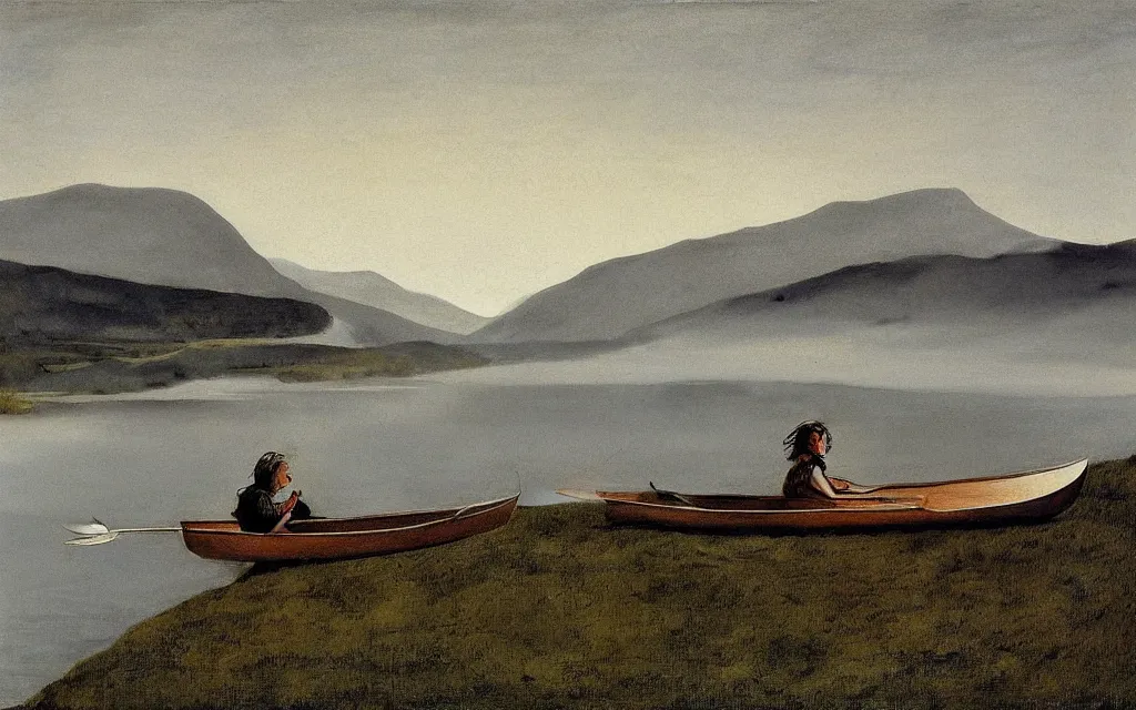 Image similar to “ a girl sitting in canoe on a river drinking beer, mountains in fog background, by andrew wyeth ”