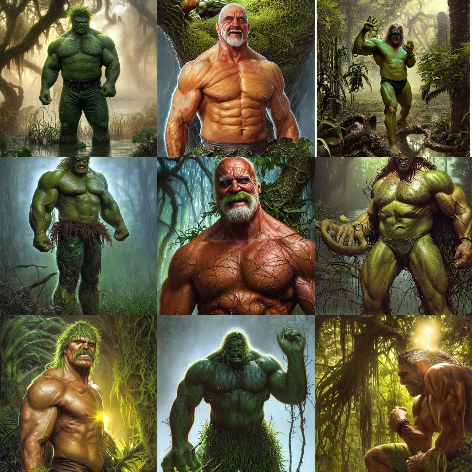 Prompt: ( hulk hogan ) as swamp thing at dusk, misty athmosphere, ultra realistic, concept art, intricate details, eerie, highly detailed, photorealistic, octane render, 8 k, unreal engine. art by ed blinkley andartgerm and greg rutkowski and alphonse mucha