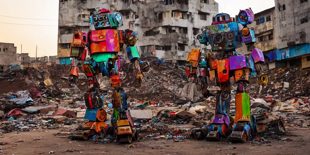 Image similar to destroyed colourful giant mecha ROBOT of AJEGUNLE SLUMS of Lagos, markings on robot, Golden Hour,