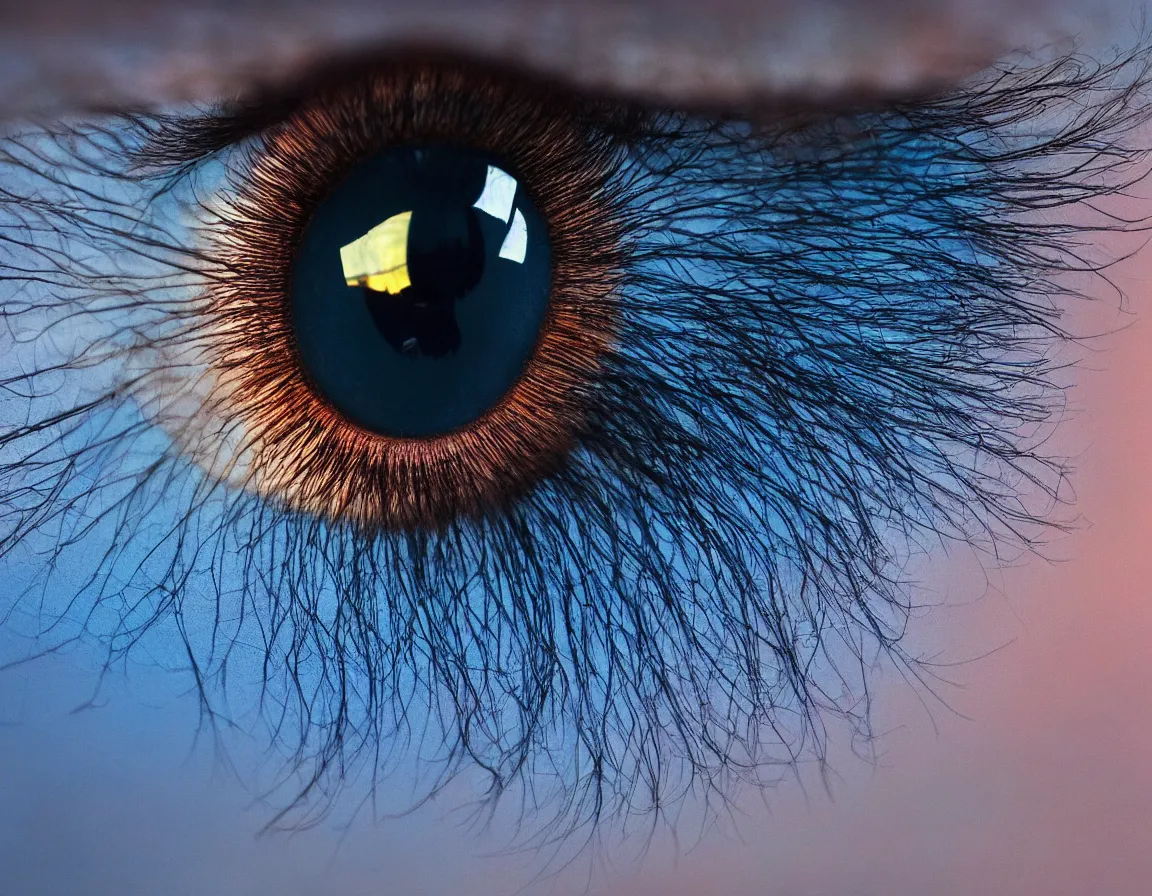 Prompt: sunset reflected on big eye closeup, blue eye, eyelash, stary sky, reflections, detailed, 4 k