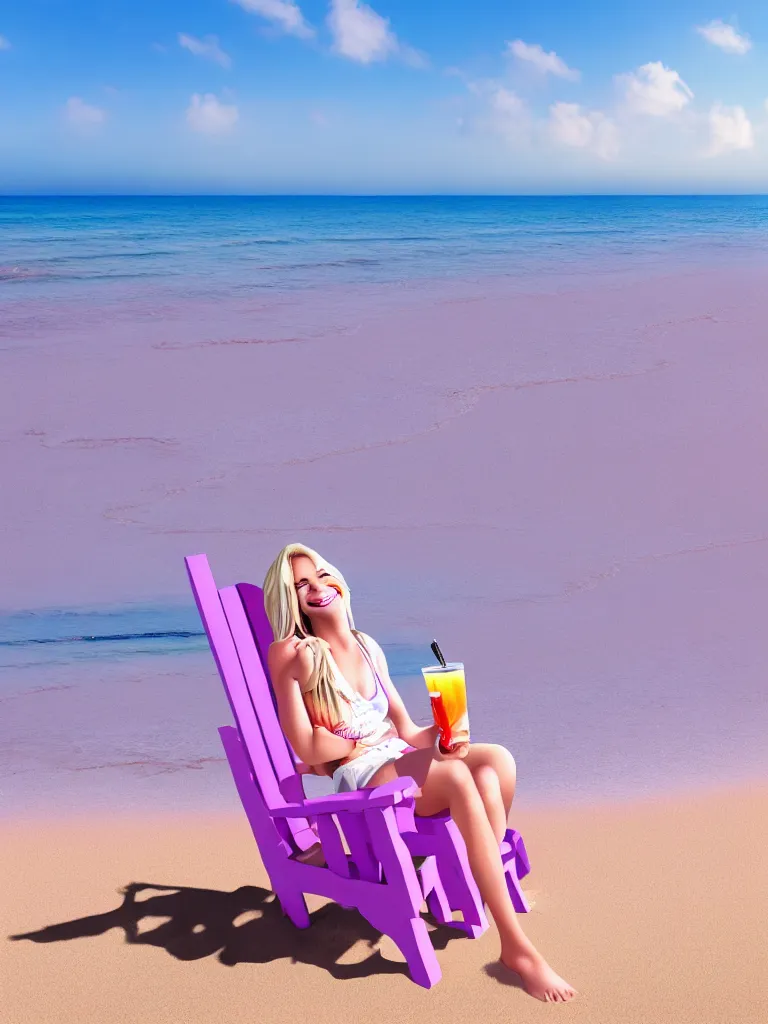 Prompt: a smile blond girl lay on chair hold coke in beach, rose, palm tree, violet evergarden