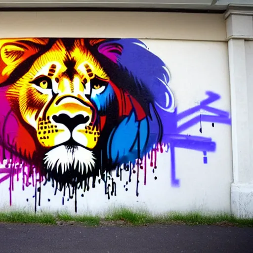 Prompt: wall with graffiti, splash painting of a lion by depose