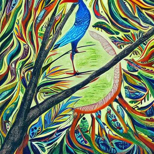 Image similar to A beautiful installation art of a bird in its natural habitat. The bird is shown in great detail, with its colorful plumage and intricate patterns. The background is a simple but detailed landscape, with trees, bushes, and a river. by José Clemente Orozco melancholic