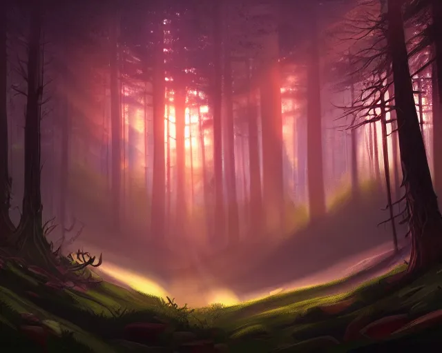 Prompt: dark twisted forest with god rays at sunset, deep focus, d & d, fantasy, intricate, elegant, highly detailed, digital painting, artstation, concept art, matte, sharp focus, illustration, hearthstone,