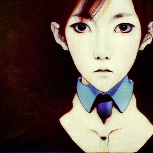 Image similar to yoshitaka amano blurred and dreamy realistic three quarter angle portrait of a young woman with short hair and black eyes wearing office suit with tie, junji ito abstract patterns in the background, satoshi kon anime, noisy film grain effect, highly detailed, renaissance oil painting, weird portrait angle, blurred lost edges