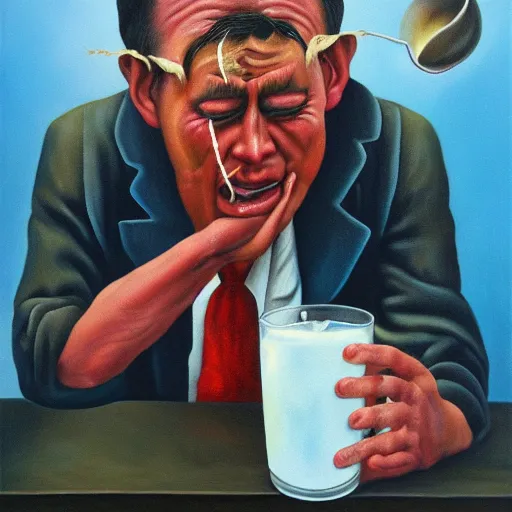 Image similar to surrealism oil painting of a man crying over spilled milk