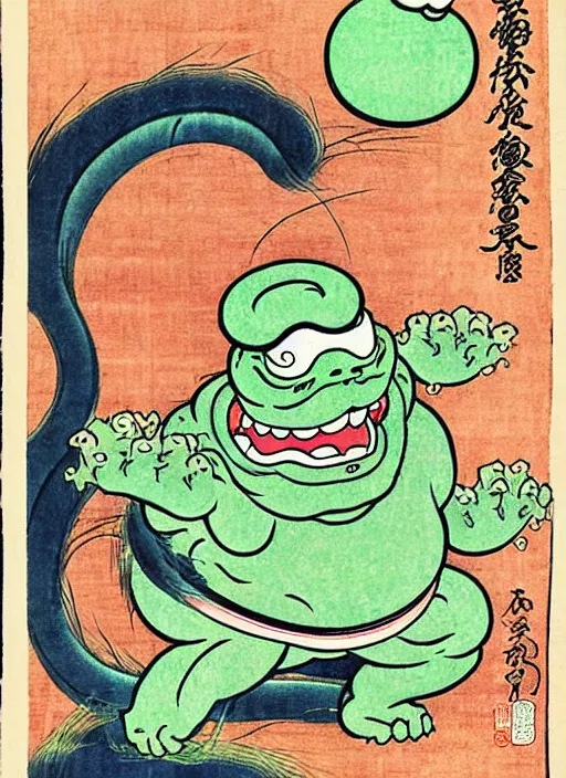 Prompt: slimer as a yokai illustrated by kawanabe kyosai and toriyama sekien