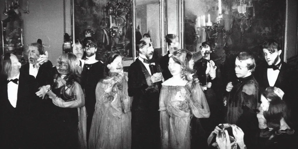 Image similar to creepy photo of people at a fancy party standing around a small black stone in a large Victorian apartment, 70mm film, old film, found film, scary, ominous, disturbing