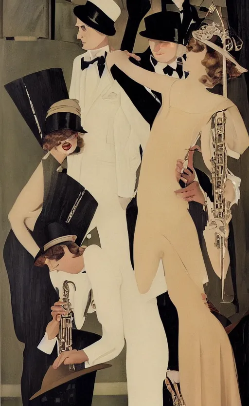 Image similar to a painting depicting Jazz Age high society people, 1920s style, smooth, highly detailed, high contrast, Coles Phillips, Dean Cornwell, JC Leyendecker, 8K