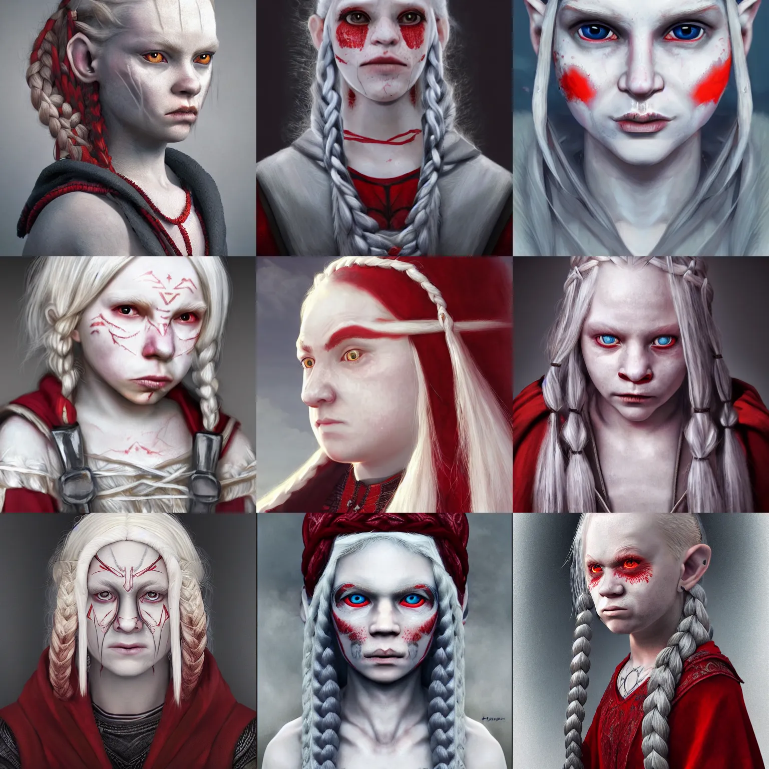 Prompt: realistic portrait of a young albino female halfling with red! eyes and white! braided hair and a grey! cloak and geometric facial tattoos, haunted and sad expression, artstation, cinematic lighting, hyper - detailed 8 k, digital art, full face