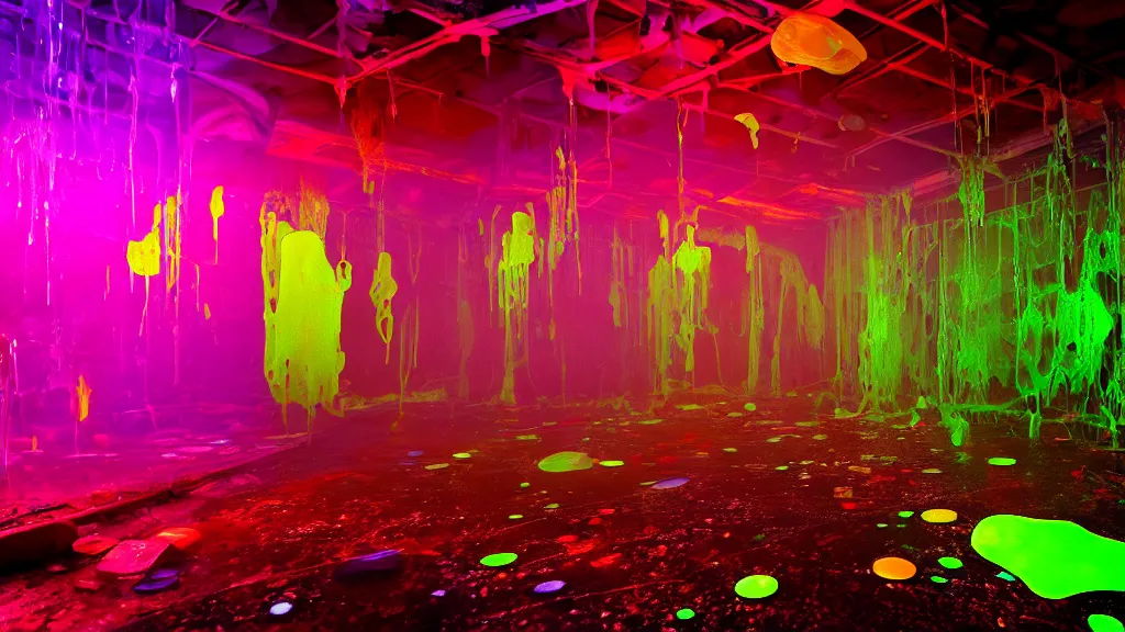 Prompt: multi - colored slime and debris pouring from the ceiling in a large gothic cracked steampunk room spilling over the transparent floor and splashing large glowing luminescent neon drops, field - blur, floodlight, argand lamp, 4 k