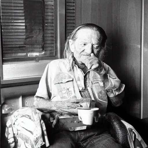 Prompt: willie nelson having a smoke in his trailer.