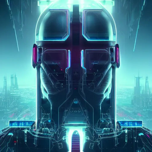 Image similar to A dream beyond horizon. ArtStation, Cyberpunk, Vertical Symmetry, 8K, Highly Detailed, Intricate, Album Art.