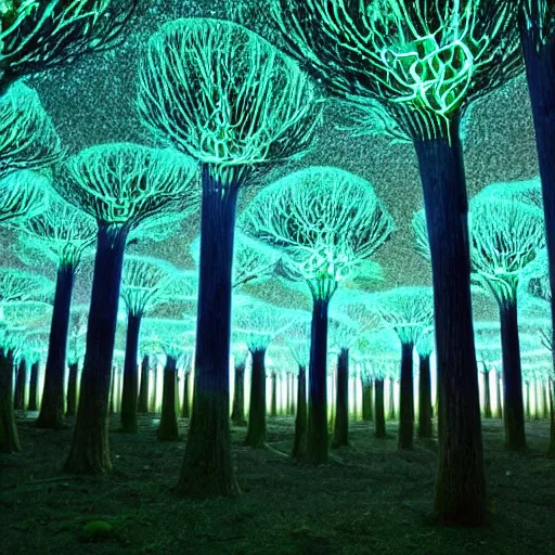 Image similar to a forest of bioluminescent trees