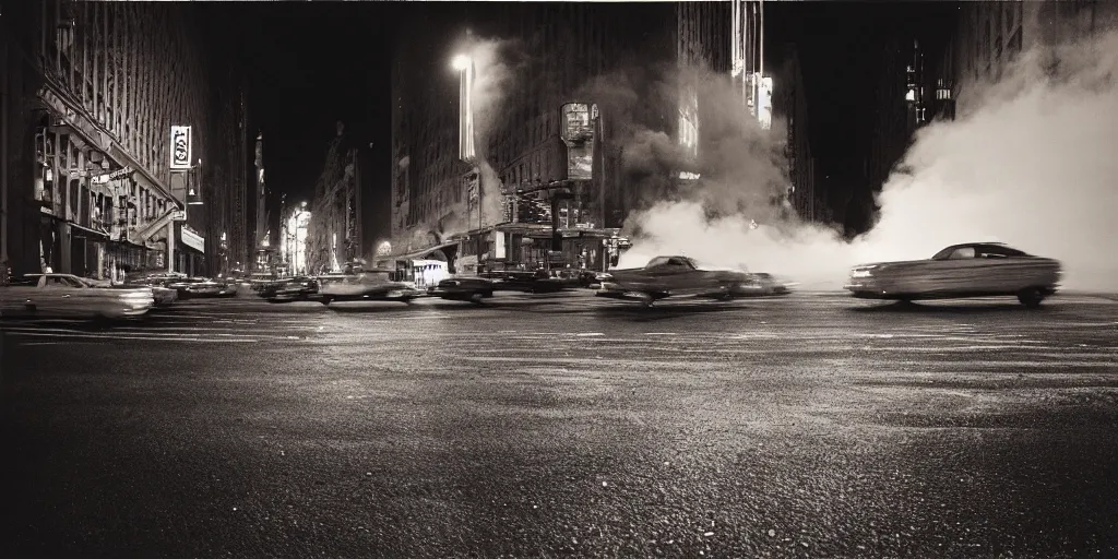 Image similar to a high resolution photo of a new york street at night surrounded with smoke and cars with bright headlights by joel meyerowitz, realistic photo, leica, magnum award winning photograph, 24 mm, f1.4 ,