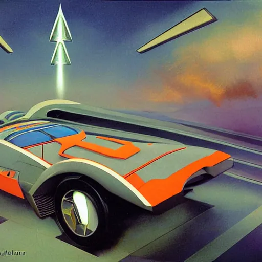 Image similar to retrofuturist car looking like an evangelion bot. vintage science fiction. cinematic sci - fi scene. science fiction lightning. symmetry. accurate anatomy. science fiction theme. brutalism. intricate detail. epic. retrofuturism. surrealism. intimidating. retrofuturism. art by john singer sargent - akira toriyama - keith parkinson - joaquin sorolla - kev walker