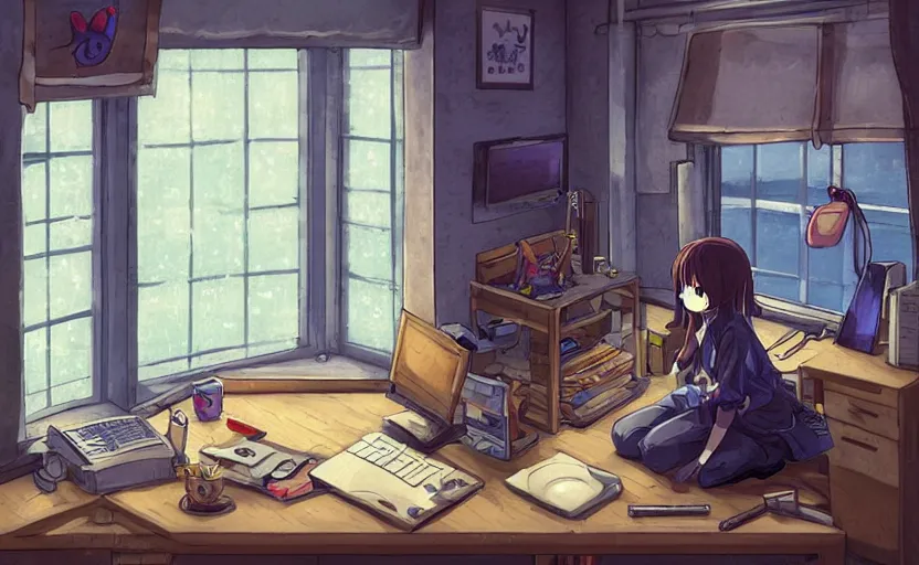 Image similar to Anime Character sitting and relaxing in front of their work desk in their cozy room as a peaceful rainy city scene is seen through the room's window. Smooth Highly detailed masterpiece pixel-art. in the style of Close Highly detailed masterpiece professional artistry Sega, Namco, Neogeo, Capcom artist's Pixel-art. Trending on artstation. Slice-of-life genre art. Balanced colors and lighting scheme by James Gurney and artgerm. In the style of a 'Music to chill/study' to youtube video.