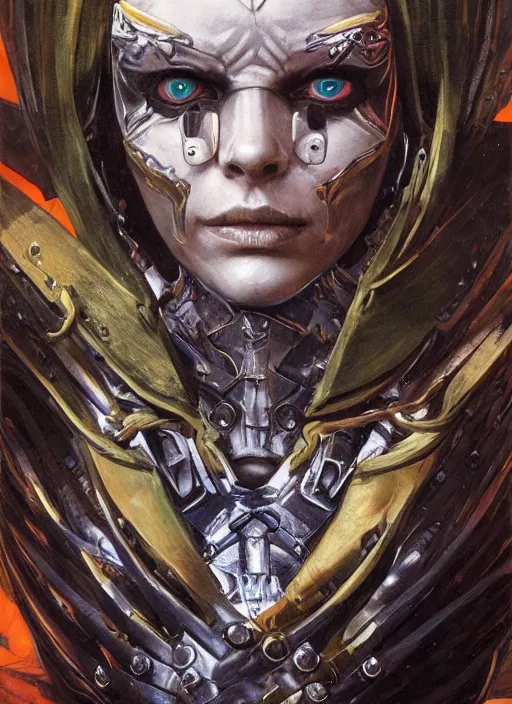 Image similar to symmetry! middle closeup of a biblical diabolical pirate girl! stylish cyborg mimick armor, heavy eyes to the side, closeup, bright glowing eyes, in clouds, rain, sunset, portrait, by gerald brom, by mikhail vrubel, by peter elson, muted colors, extreme detail, mirrors, trending on artstation, 8 k