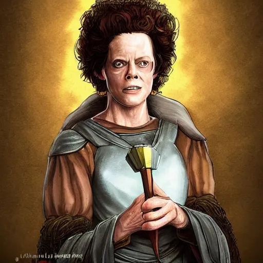 Image similar to sigourney weaver as a d & d dwarf cleric, fantasy art, digital art, character portrait