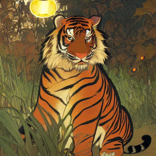 Prompt: a highly detailed portrait of cartoon tiger, leaf fan, small fires and sun, autumn leaves on the ground, concise lines, ultradetailed environment, sharp focus, cinematic lighting, character art, 8 k, by alphonse maria mucha and kim jung gi