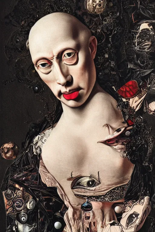Prompt: Detailed maximalist portrait with large lips and with large eyes, angry, exasperated expression, HD mixed media, 3D collage, highly detailed and intricate illustration in the style of Caravaggio, dark art, baroque