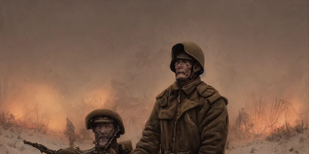 Image similar to an extremely detailed dark macabre photorealistic matte portrait of a soviet war soldier in a nuclear winter by J.C Leyendecker and Zdzisław Beksiński , Vietnam horror, destroyed street liminal space, dramatic lighting, trending on artstation, 8K, HDR, I cant believe how nightmarish this is