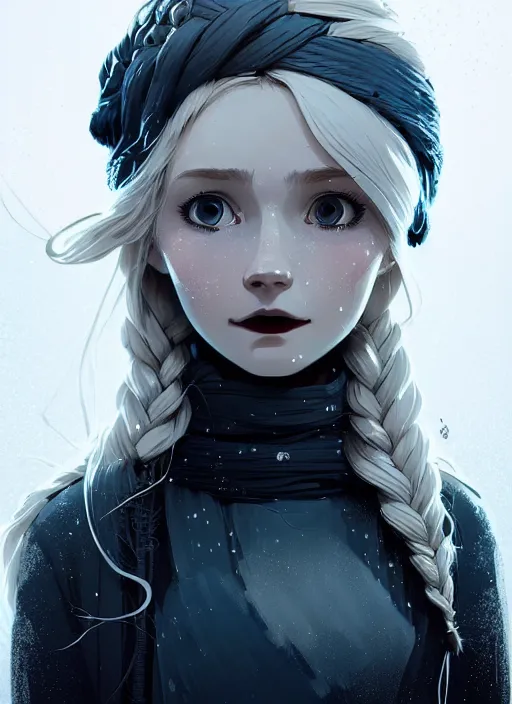 Image similar to highly detailed portrait of a hopeful frostpunk long blonde hair lady with curvy short black dress, stray wiring by atey ghailan, james gilleard, by joe fenton, by greg rutkowski, by greg tocchini, by kaethe butcher, 4 k resolution, gradient blue, black and white color scheme!!! ( ( frozen robotic dystopian city background ) )