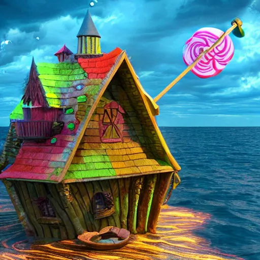 Prompt: a witches house made out of realistic candy on the ocean, epic scene, fantasy, redshift render, cgi, hyper - detailed, photo - bash, 8 k post - production, masterpiece