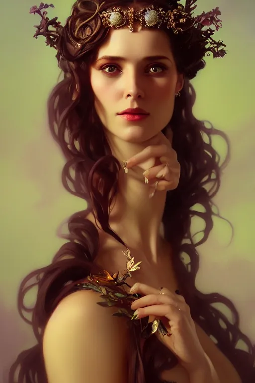 Prompt: beautiful face by leyendecker, ombre velvet gown, beautiful elegant dryad, portrait, long hair, tiara, dozens of jeweled necklaces, by greg rutkowski, brom, anato finnstark, alphonse mucha, oil painting, highly detailed, cinematic lighting, unreal,