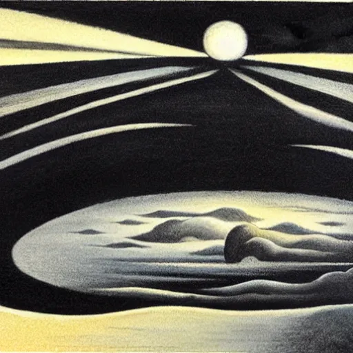 Image similar to painting of mysterious alien saucer hovering over seaside village, 1939, by Thomas Hart Benton