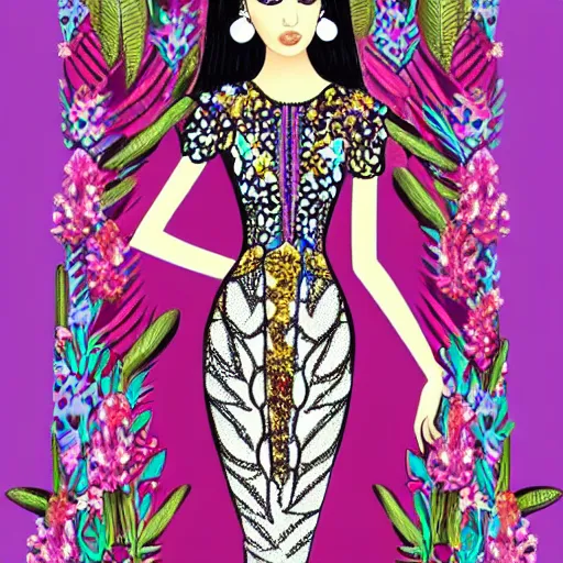 Prompt: zuhair murad dress fashion illustration by eko nugroho, jungle background, fine detail