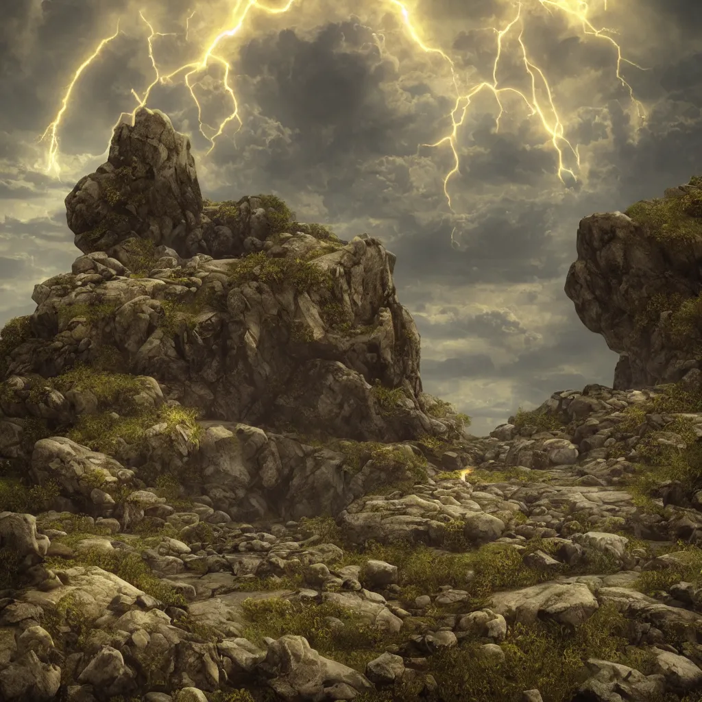 Image similar to Photorealistic epic landscape with magically floating rocks, with ominous storm clouds, glowing stones falling from the sky, a gentle rising mist. occult photorealism by Alphonse Maria Mucha, UHD, amazing depth, glowing, golden ratio, 3D octane cycle unreal engine 5, volumetric lighting, cinematic lighting. Hyperdetailed photorealism, epic scale, misty, 108 megapixels, amazing depth, glowing rich colors, powerful imagery, psychedelic Overtones, concept art