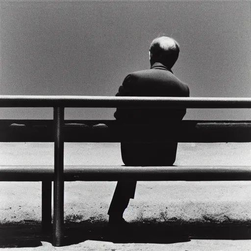Prompt: Lonely man sitting on bench photographed by Andre Kertesz kodak 5247 stock, color photograph