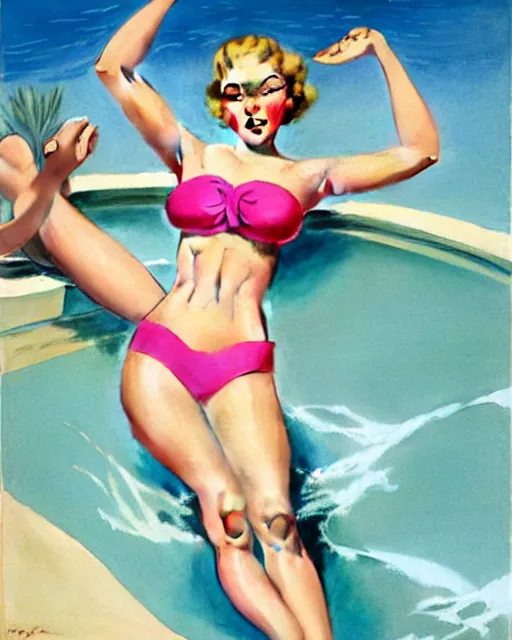 Image similar to tuesday weld swimming in a pink bikini, tuesday weld half immersed in water in a palm springs midcentury swimming pool by gil elvgren, by mort kunstler, by robert maguire